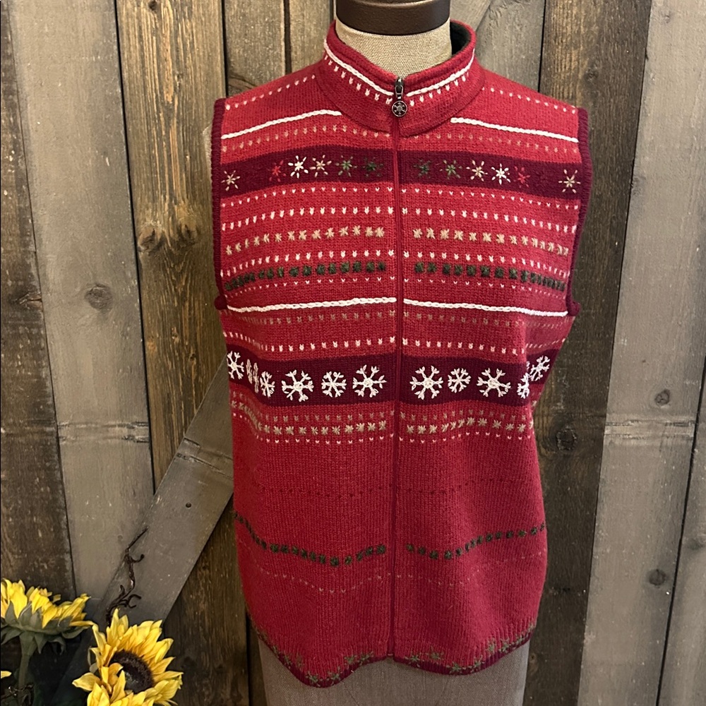 Vintage Woolrich Ruby Red Snowflake Wool Vest | Winter Holiday Sweater M